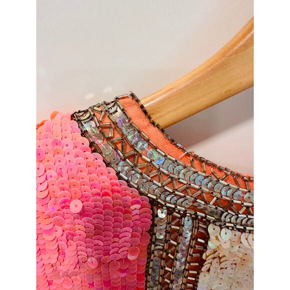 Vintage 80s Silk Sequin Pink Cocktail Dress Medium Fit Knee Length Sparkle Shine - Picture 7 of 14